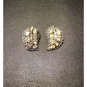 Vintage Clip-on Earrings Cluster Clear Rhinestones Silver Tone Leaf MCM Retro